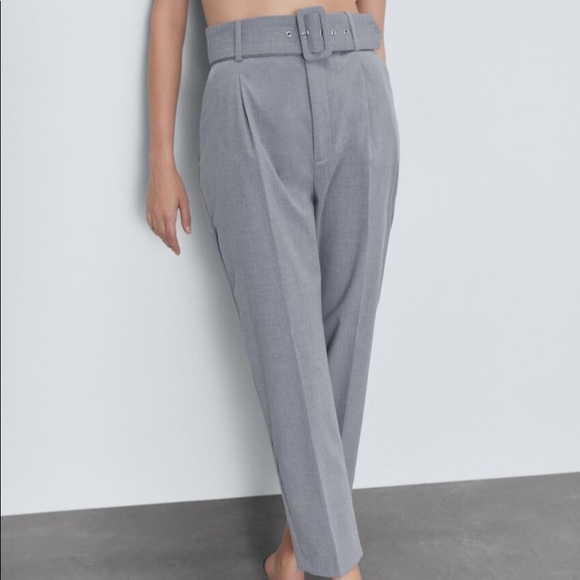 Zara Grey High Waist Trouser Pant with Fabric Covered Belt - Picture 2 of 6